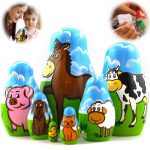 AEVVV Farm Animals Set 7 pcs Wood Nesting Dolls   Pet Figurine Set Wooden Matryoshka Stacking Items