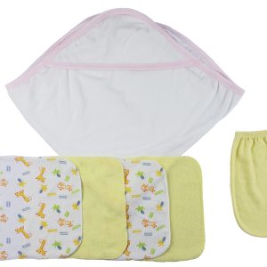 Pink Hooded Towel, Washcloths And Hand Washcloth Mitt - 6 Pc Set  Cs_0007