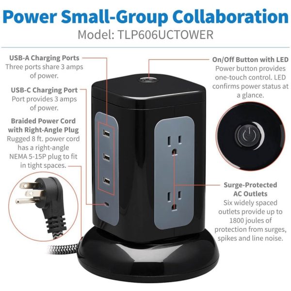Eaton Tripp Lite Series 6-Outlet Surge Protector Tower, 3x USB-A, 1x USB-C, 8 ft. Cord, 5-15P Plug, 1800 Joules, Black - Image 2