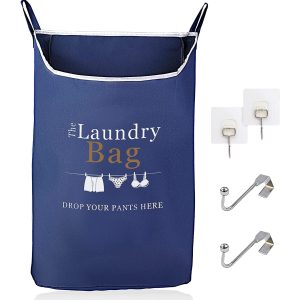 Fine Living Co. Large Hanging Laundry Hamper with Over Door Hooks & Adhesive Durable Space Saving Laundry Bag with Zipper and Wide Open Top Hanging Dorm Laundry Hamper (Navy Blue with Print XL)
