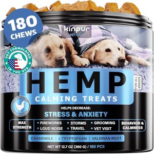 Natural Calming Chews for Dogs with Hemp Oil and Valerian Root - Aid during Fireworks, Thunderstorms, Separation - Hip and Joint Health - Dog Calming Treats with Chicken Flavor - All Breeds