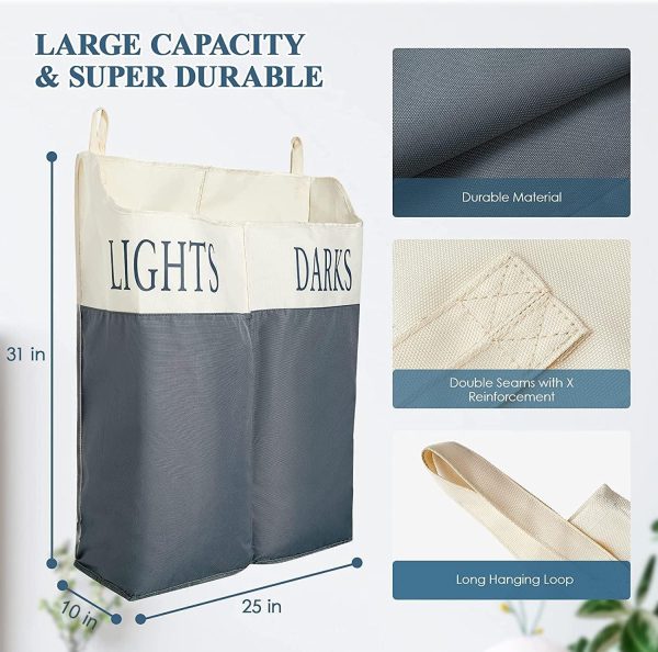 The Fine Living Co. X Large Two Compartments Hanging Laundry Hamper with Over Door Hooks Durable Space Saving Laundry Bag Storage with Bottom Zipper Wide Open Top Dark Light Compartment(25 x10 x31 ) - Image 3