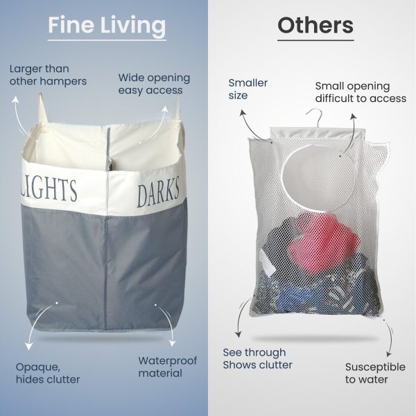 The Fine Living Co. X Large Two Compartments Hanging Laundry Hamper with Over Door Hooks Durable Space Saving Laundry Bag Storage with Bottom Zipper Wide Open Top Dark Light Compartment(25 x10 x31 ) - Image 6