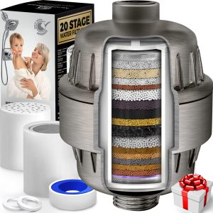 AquaHomeGroup 20 Stage Shower Filter with Vitamin C E for Hard Water High Output Shower Water Filter to Remove Chlorine and Fluoride 2 Cartridges Included Consistent Water Flow Showerhead Filter