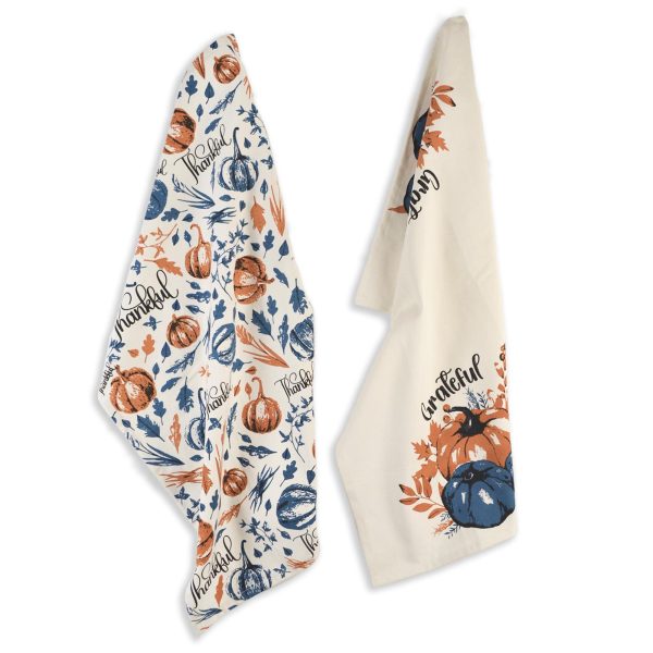 Set of 2 Thankful & Grateful Printed Dish Towels Hand Towels Boho Tea Towels   Multifunctional Stylish Absorbent Quick Dry Soft 18  x28  100% Cotton Blue & Orange - Image 2